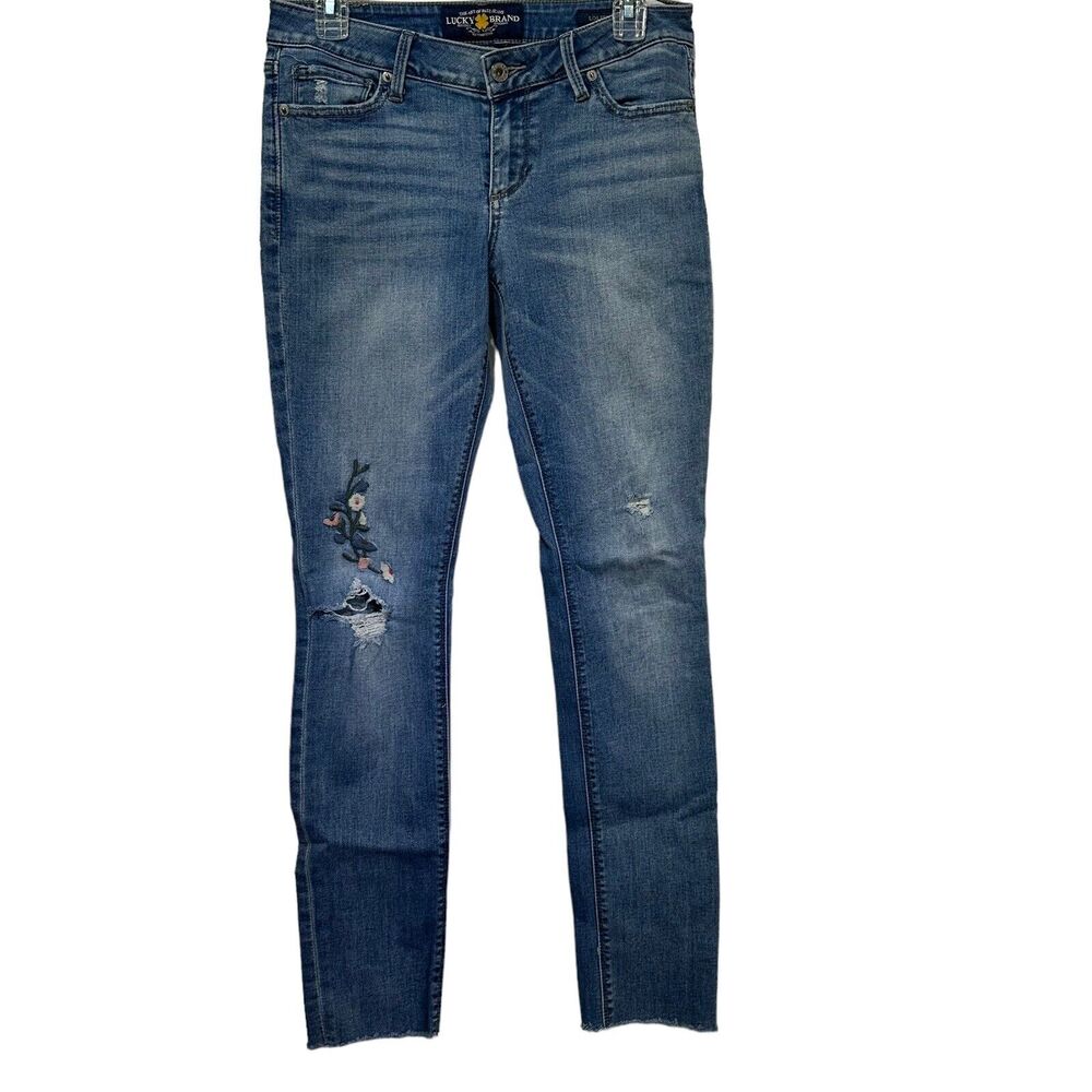 lucky brand lolita skinny jeans floral embroidered distressed raw hem Size 27